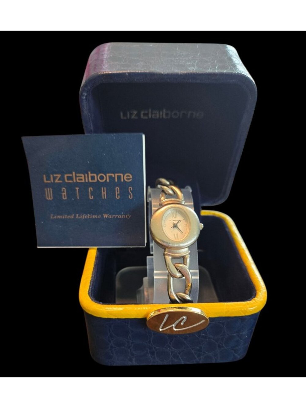 Vintage Liz Claiborne Women's Silver-Tone Chain Link Bracelet Watch Oval Boxed